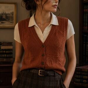 Vintage Perry Ellis America Sz L Burnt Orange Argyle Chunky Knit Vest Academia